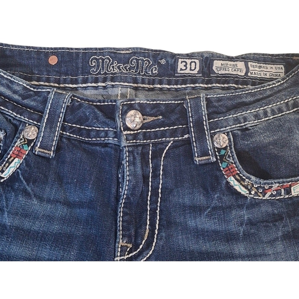 Miss Me Womens Mid Rise Capri Jeans Embroidered Dark Wash MW8161P3 Size 30 - Picture 5 of 11